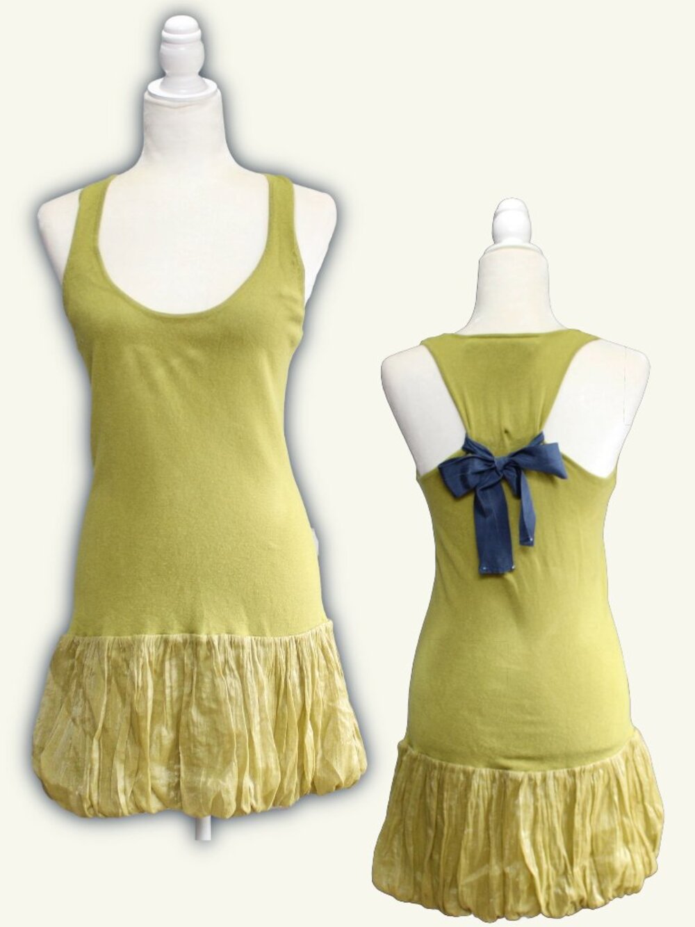 Vintage Y2K Couture 2006 Green Bubble Hem Mini Dress Blue Bow Accent Size Small - Picture 8 of 8